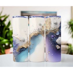 blue and purple geode print 20oz metal tumblers, skinny tumbler cups, bridesmaids gifts, gift ideas for mom