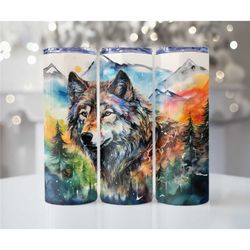 wolf animal skinny 20oz metal tumblers, wolf colorful nature tumbler, tumbler cup gifts, skinny tumblers, gift cups