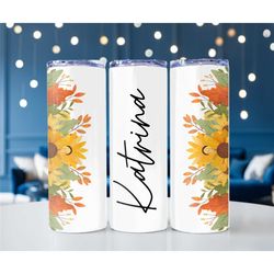 personalized skinny tumbler, sunflower sublimation tumbler, gift for her, bridesmaid gift, custom name metal tumbler cup