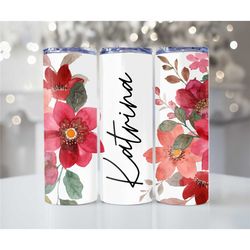 custom name metal tumbler cup, personalized skinny tumbler, floral sublimation tumbler, gift for her, bridesmaid gift, c
