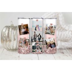 family photo tumbler with lid and straw, mother's day gift photo portrait in a travel mug for hot and cold drinks pink g