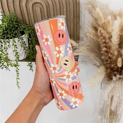 retro floral prints tumbler with straw smiley face insulated travel mug groovy daisy customized water bottle with straw