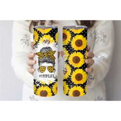 sunflower messy bun mom insulated tumbler with straw, mom life reusable coffee travel mug for mother's day gift