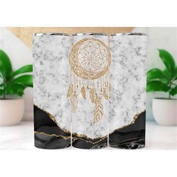 dreamcatcher gold tumbler on marble and black 20oz skinny tumbler