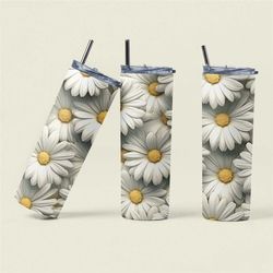 personalized daisy delight 20oz tumbler, fresh white daisy print stainless steel cup, elegant floral travel mug, nature-