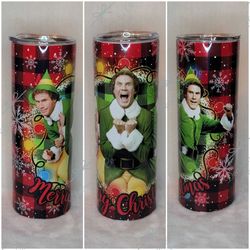 merry christmas, buddy the elf, buffalo plaid 20oz stainless steel tumbler with slider lid and straw
