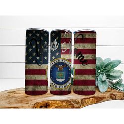 air force tumbler, custom name tumbler, military tumbler, american flag tumbler, air force seal, distressed flag, person