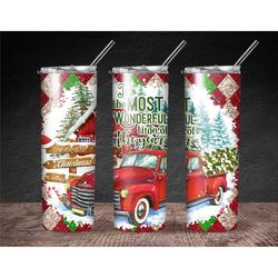 christmas tumbler, its the most wonderful time of the year, rustic christmas tree truck, winter wonderland, cabin in the