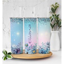 blue glitter floral tumbler, personalized tumbler, gift for mom, gift for her, floral tumbler, 20oz tumbler