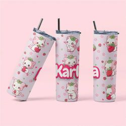 sweet berry kittens custom tumbler - handcrafted 20 oz skinny stainless steel tumbler, adorable strawberry cat design, p