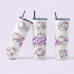 enchanted whiskers unicorn cat tumbler - magical 20 oz skinny stainless steel tumbler, customizable, dreamy catcorn illu