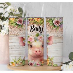 personalized floral pig tumbler with straw and lid,cute pig tumbler with name gift for pig lover ,floral farm animal tum