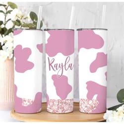 personalized cow print tumbler with name, custom western tumbler with straw gift for her, cute cowhide tumbler cup birth
