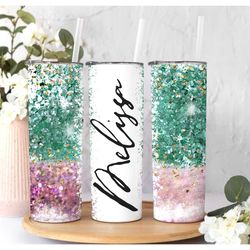 personalized faux glitter tumbler with name, custom glitter name tumbler with straw and lid,cute glitter to go cup birth