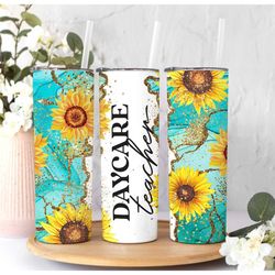 daycare teacher tumbler gift with straw and lid, teal sunflower teacher gifts for women, teacher gifts from student, tea