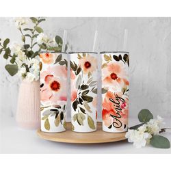 floral name tumbler, watercolor gifts for women, roses tumbler cup, pink flowerstumbler with straw, custom name gift, pe