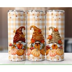 fall gnomes plaid orange pumpkins 20oz skinny tumbler straw & lid, travel mug cup, double wall insulated, great gift