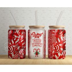 christmas candy cane tumbler, sweet but twisted, libbey can tumbler clear or frosted cup w/ lid and straw, great iced co