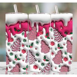 3d pink christmas tree snack cakes inflated, santa claus puffy, candy cane, winter season 20oz tumbler insulated travel