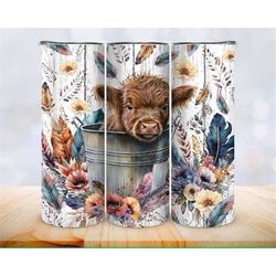 baby highland cow tumbler, 20oz skinny tumbler sublimation boho floral flower tumbler, gift for her, mother's day