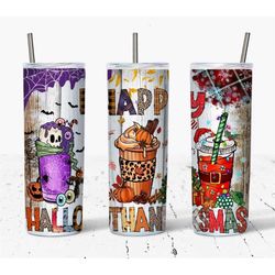 happy hallowthanksmas halloween, christmas, thanksgiving, funny holiday design 20oz skinny tumbler travel mug cup, doub