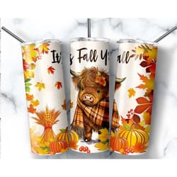 it's fall yall tumbler, fall, highland cow autumn thanksgiving 20oz skinny tumbler travel mug cup, double wall insulate