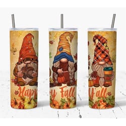happy fall, ya'll! gnomes autumn thanksgiving 20oz skinny tumbler travel mug cup, double wall insulated, great gift