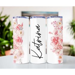 pink floral print custom name metal tumbler cup, personalized skinny tumbler, sublimation tumbler, gift for her, bridesm