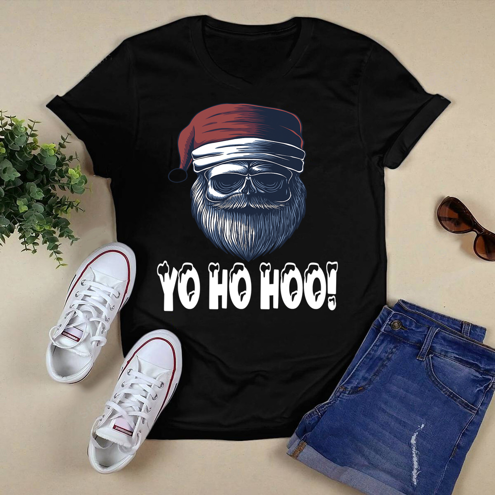 Beard Skull Red Santa Hat Pirate Christmas 2021 Pajamas T-Shirt.png