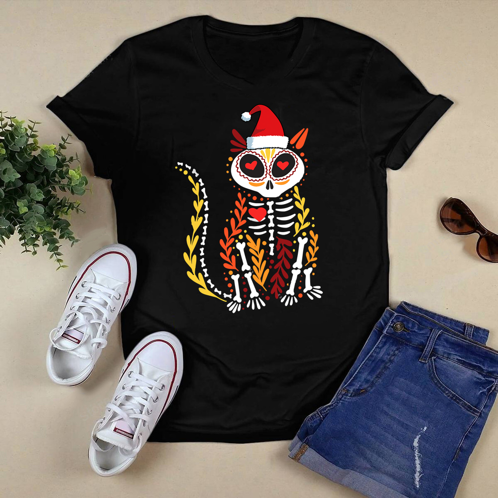 Cat Sugar Skull Santa Hat Christmas Kitty Pet Lover T-Shirt.png