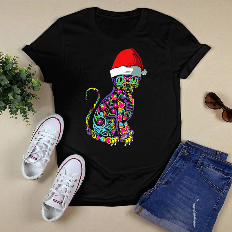 Cat Sugar Skull Santa Hat Christmas Puppy Pet Lover X-Mas T-Shirt.png