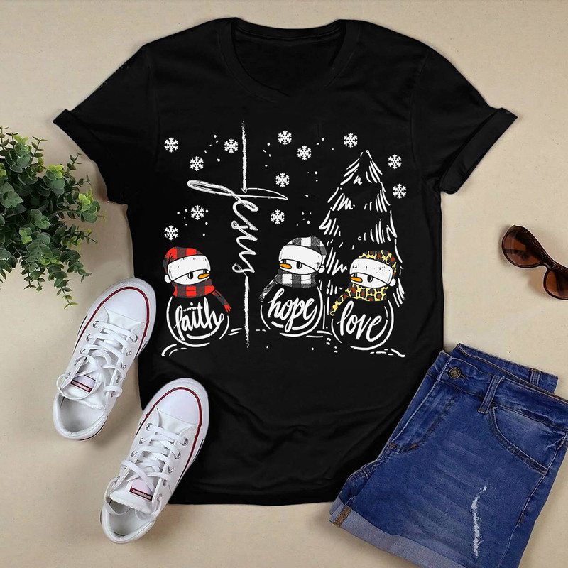 Christian Faith Hope Love Jesus Cross Snowman Christmas T-Shirt.png