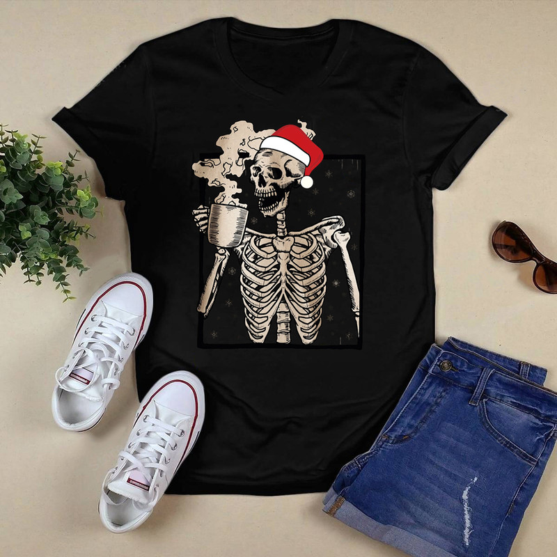 Christmas Skull Santa Hat Skeleton Drink Coffee T-Shirt.png