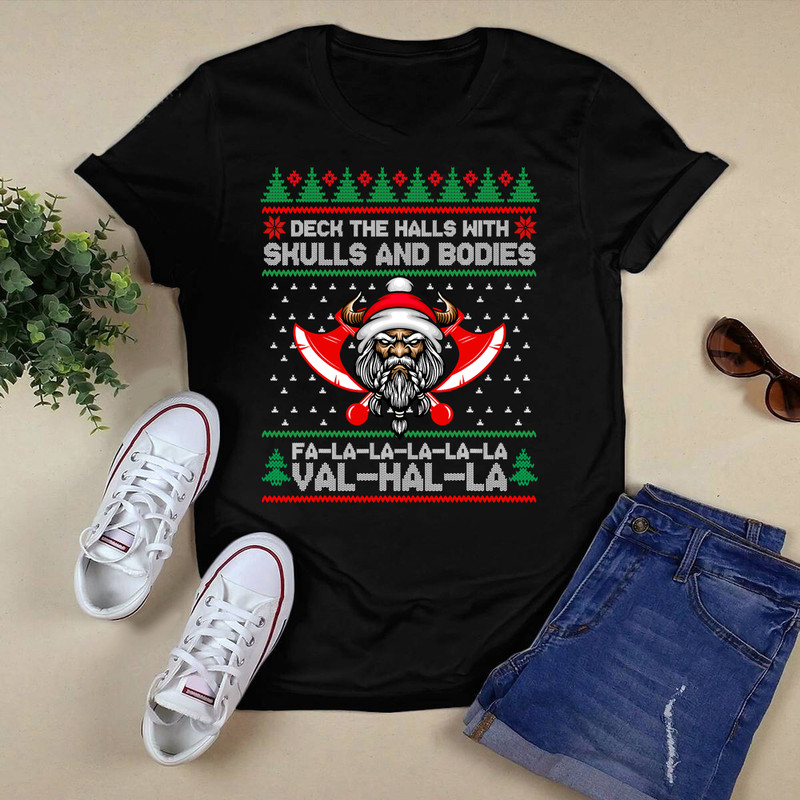 Deck The Halls With Skulls And Bodies Vikings Christmas T-Shirt.png
