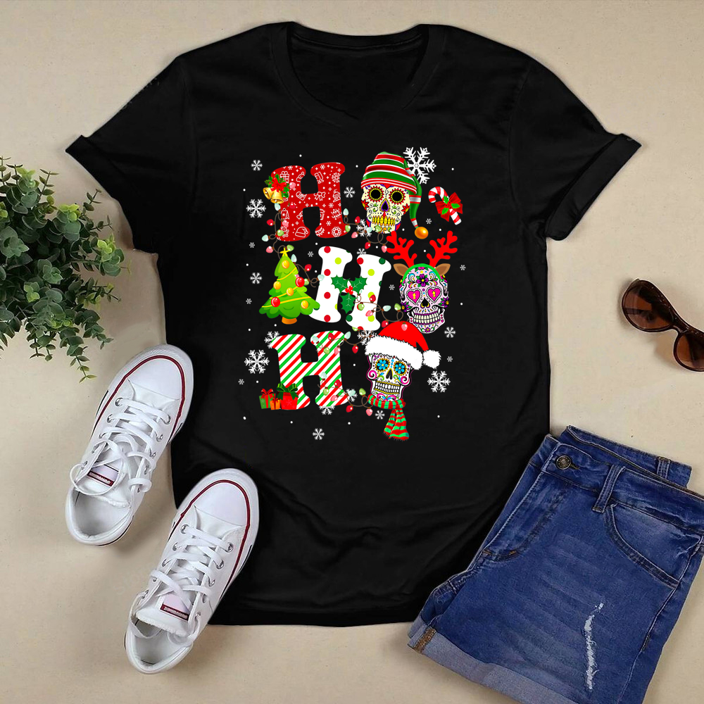 Ho Ho Ho Mexican Skull Santa Hat Christmas Funny Xmas T-Shirt.png