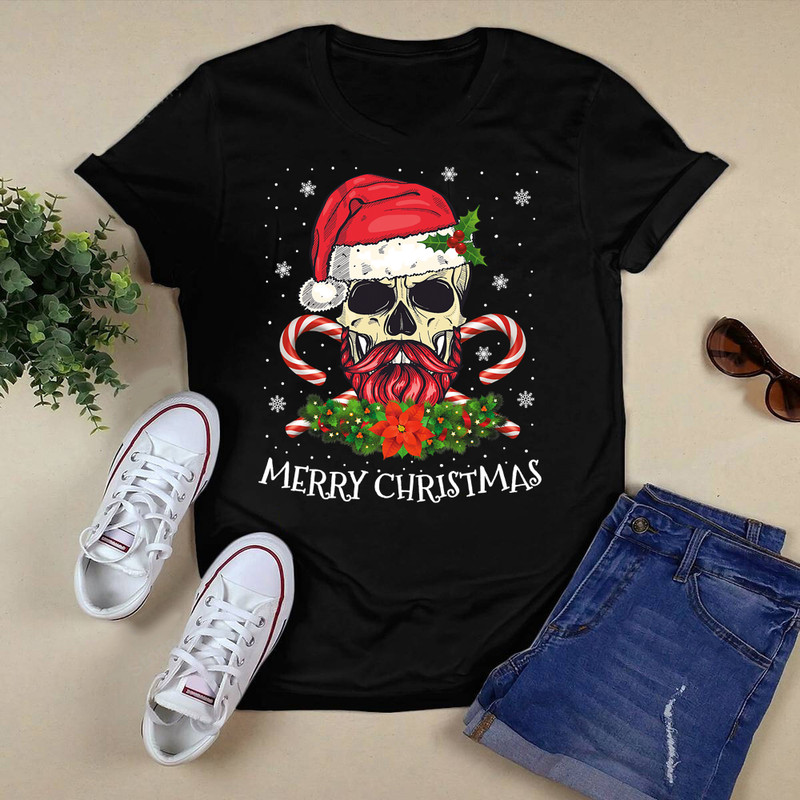 Merry Christmas Cool Skeleton Skull Hat Santa Candy Cane T-Shirt.png