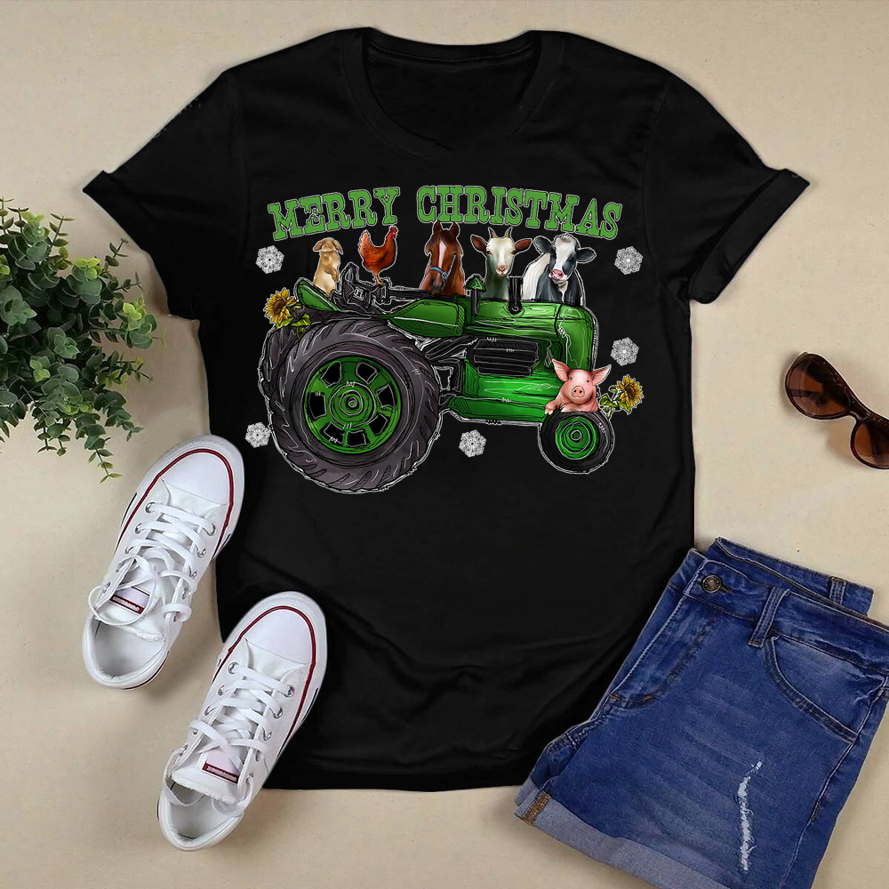 Merry Christmas Cow Farm Animals Green Tractor Farmer's Wife T-Shirt.png
