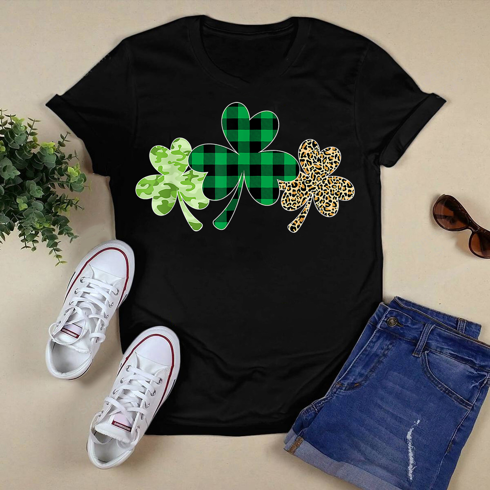 Plaid Leopard Camouflage Shamrock Lucky St Patricks Day T-Shirt.png