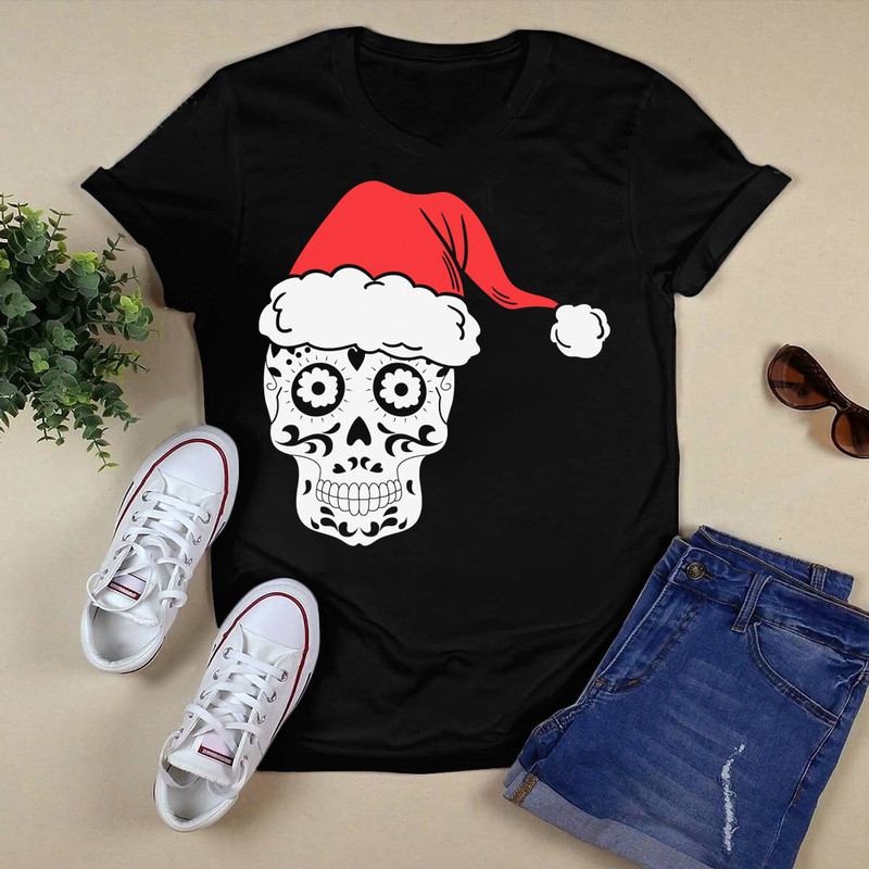 Sugar Skull Christmas With Santa Hat Christmas Pajama T-Shirt.png