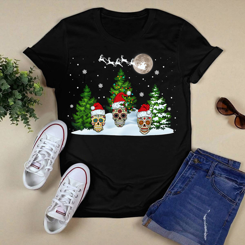Sugar Skull Santa Hat Christmas Tree T-Shirt.png