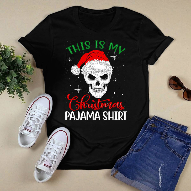 This Is My Christmas Pajama Shirt Skull Face With Santa Hat T-Shirt.png