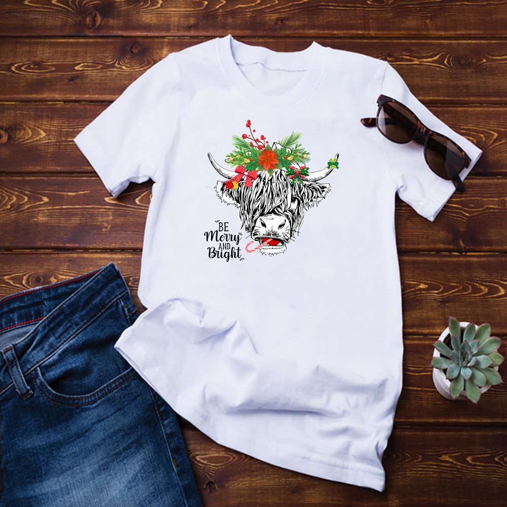 Be Merry And Bright Christmas Highland Cow Farming Farmer T-Shirt.png