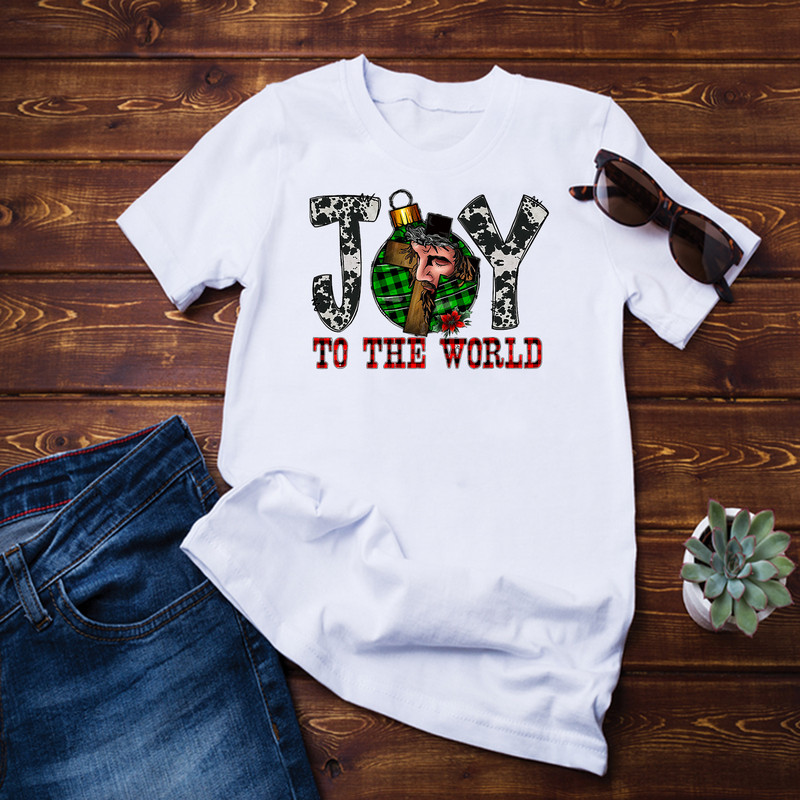 Cowhide Buffalo Plaid Christmas Jesus Cross Joy The To World T-Shirt.png