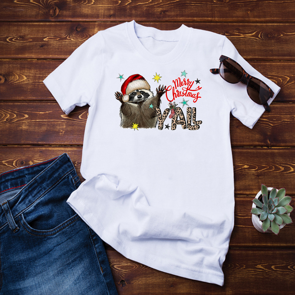Funny Leopard Merry Christmas Y'all Raccoon Lover Xmas T-Shirt.png