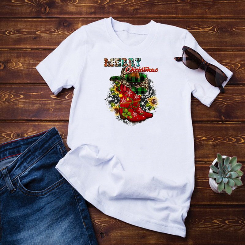 Leopard Buffalo Plaid Christmas Lights Cowboy Boots Hat T-Shirt.png