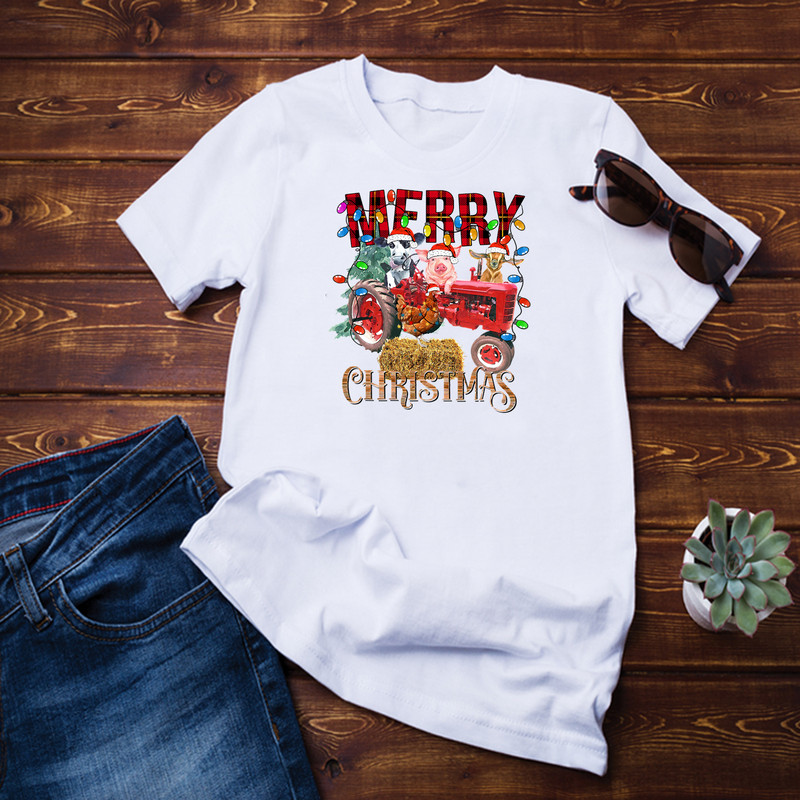 Merry Christmas Tree Red Tractor Lighting Farmer Christmas T-Shirt.png
