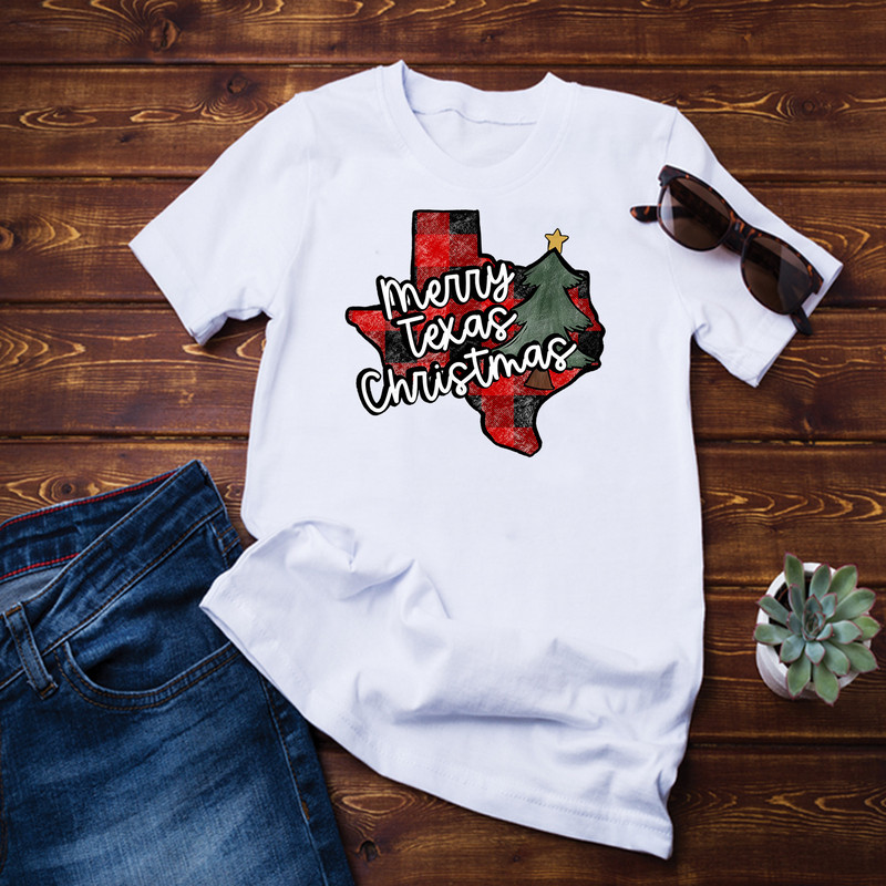 Merry Texas Christmas Plaid Texas Map T-Shirt.png