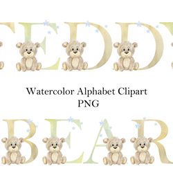 Watercolor teddy bear, letters, baby boy alphabet, birthday numbers, clipart abc, png.