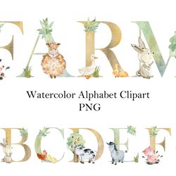 Watercolor Alphabet, Farm Animals, clipart abc.