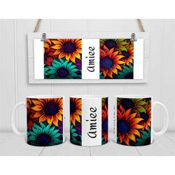 personalised sunflower mug, retro sunflower, custom floral coffee cup, unique gift idea